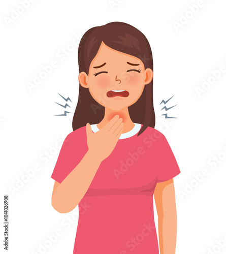 Young woman having sore throat as symptom of viral infection, cough, allergy, influenza, cold and fever 