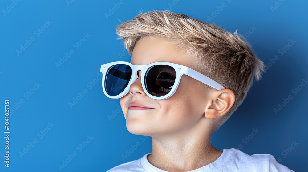 Cool Kid with White Sunglasses on Blue Background Cool Kid with White Sunglasses on Blue Background
