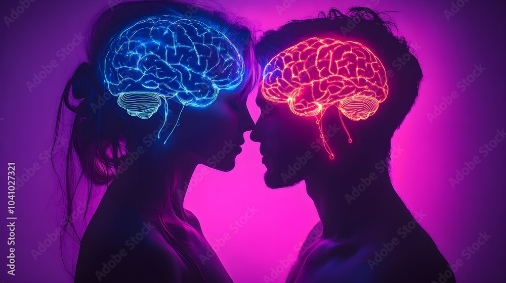 A couple's silhouettes intertwined with vibrant neon brain illustrations, electric synapses connecting their minds, symbolizing the energy of love A couple's silhouettes intertwined with vibrant neon brain illustrations, electric synapses connecting their minds, symbolizing the energy of love