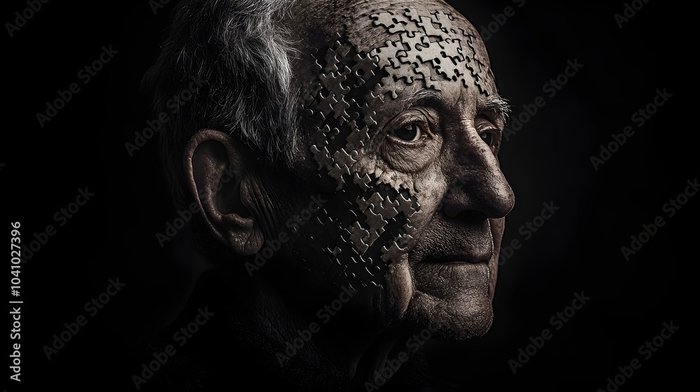 A dark, gritty portrait of an elderly man with puzzle pieces embedded in his face, representing the erosion of identity, memory loss, and neuroplasticity struggles A dark, gritty portrait of an elderly man with puzzle pieces embedded in his face, representing the erosion of identity, memory loss, and neuroplasticity struggles