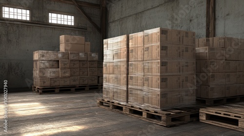 Cardboard boxes on pallets in distribution warehouse