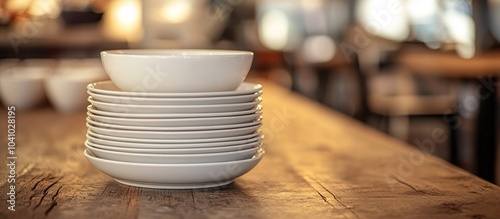 Stack of White Plates on a Wooden Table