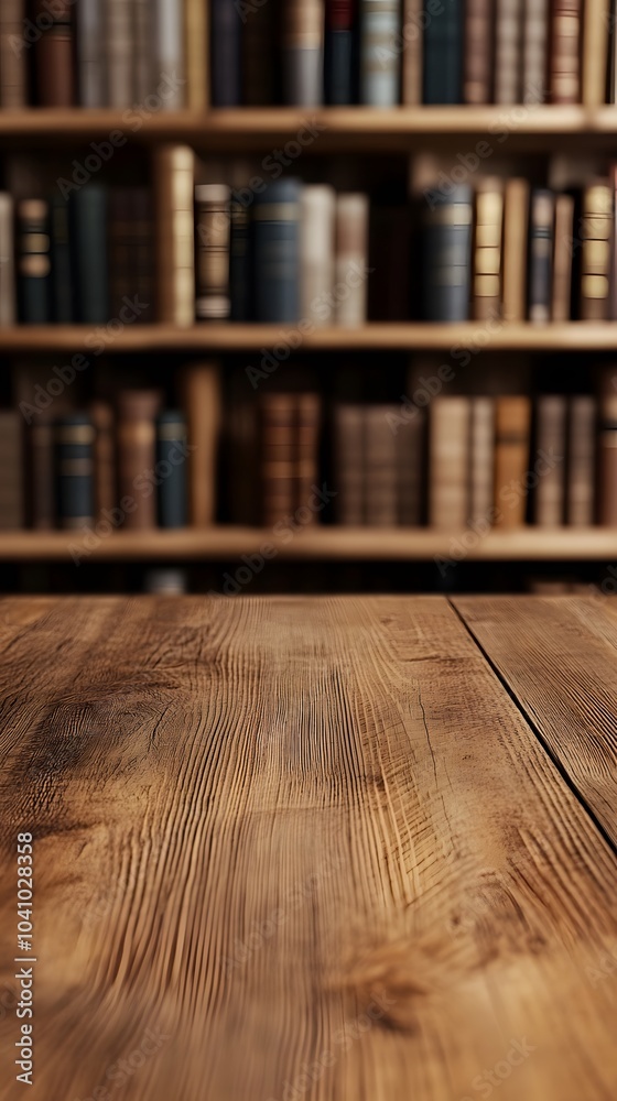 A wooden table in front of a blurred bookshelf filled with books. A wooden table in front of a blurred bookshelf filled with books.