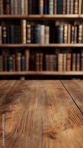 A wooden table in front of a blurred bookshelf filled with books.