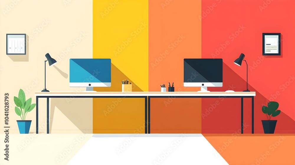 Modern Office Desk with Two Computers Lamps and Plants Modern Office Desk with Two Computers Lamps and Plants