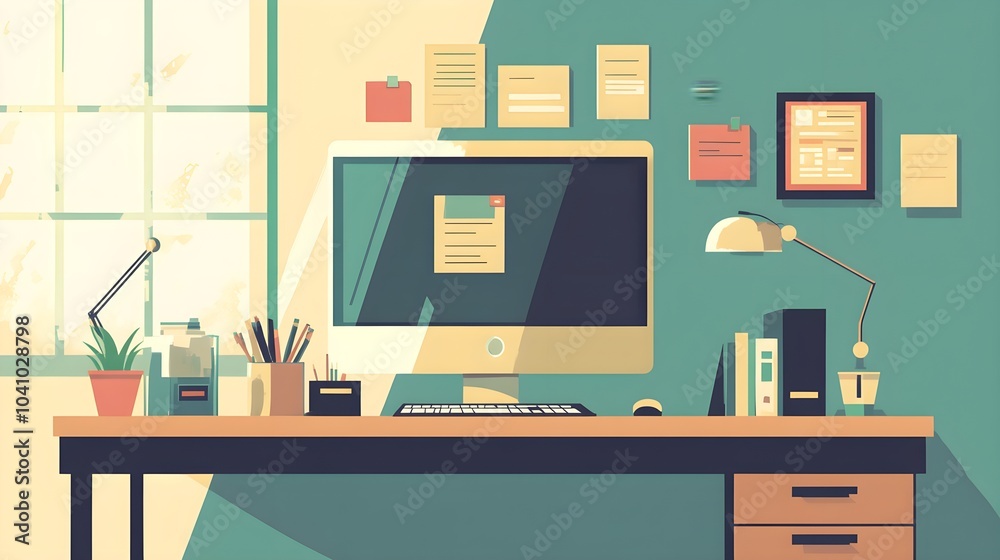 Modern Minimalist Home Office Desk with Computer Supplies and Window View Modern Minimalist Home Office Desk with Computer Supplies and Window View