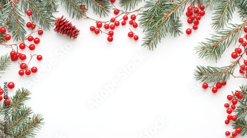 Christmas composition flatlay. Spruce branches, red berries on white background with space for text