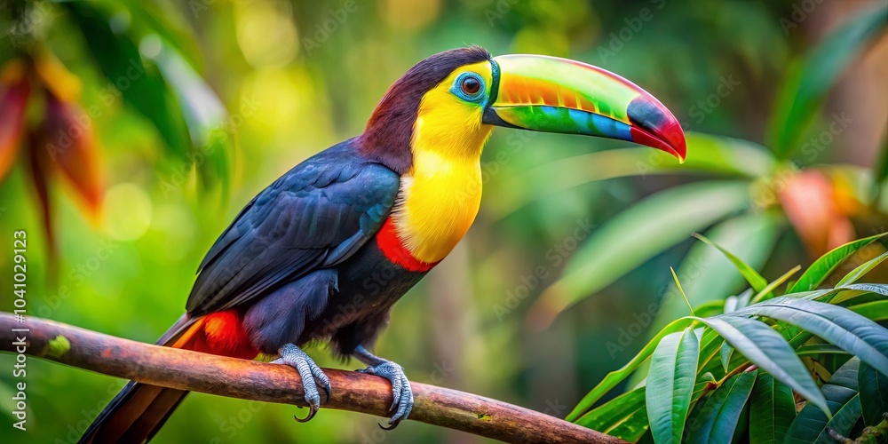 Obraz premium A vibrant toucan with a striking yellow, red, and black plumage perches on a branch, its long, colorful beak curved towards the lush greenery behind it.