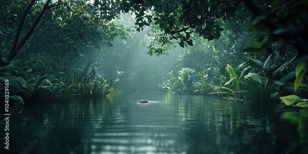 A cinematic shot of an eerie, dense jungle at dusk A cinematic shot of an eerie, dense jungle at dusk