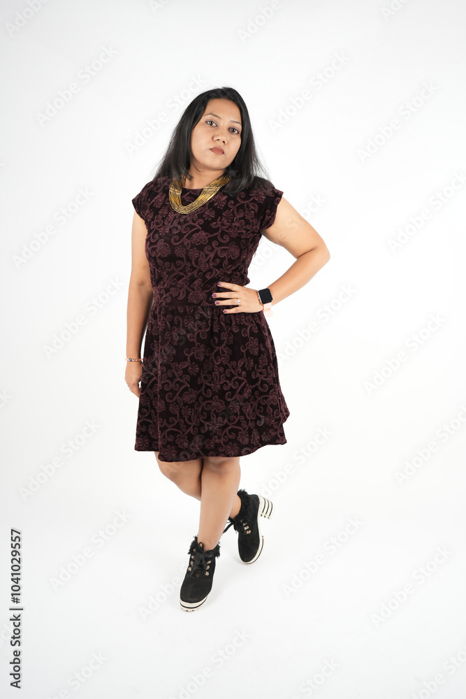the sexy model show full body mannequin pose front of camera, brown velvet knee short length sleeve size dress, smart watch, black velvet high heel shoes, isolated over white background. the sexy model show full body mannequin pose front of camera, brown velvet knee short length sleeve size dress, smart watch, black velvet high heel shoes, isolated over white background.