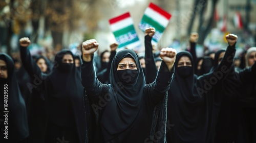 Group of iranian women wearing hijab protesting in the streets.	 photo