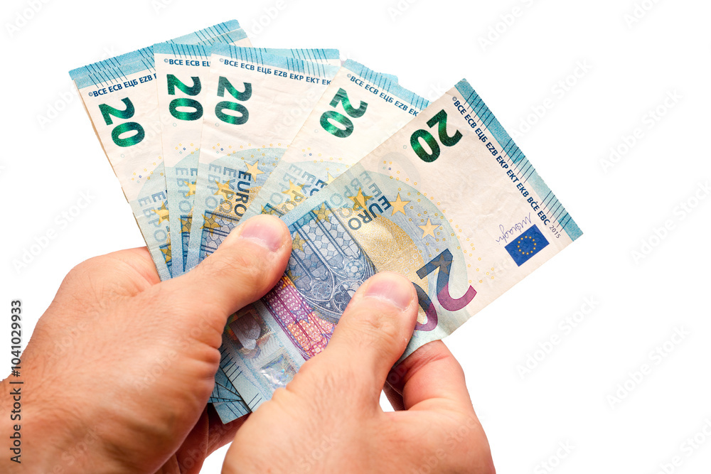 Hand holding five twenty euro bills Hand holding five twenty euro bills