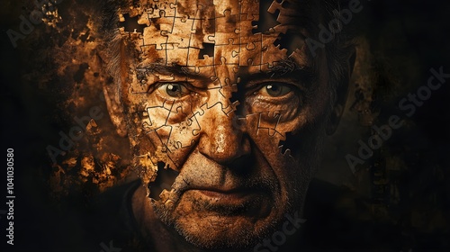 Portrait of an aged man, fragmented face made of puzzle pieces, representing fading identity, chiaroscuro lighting, digital art, dark tones, steampunk aesthetics, surreal realism