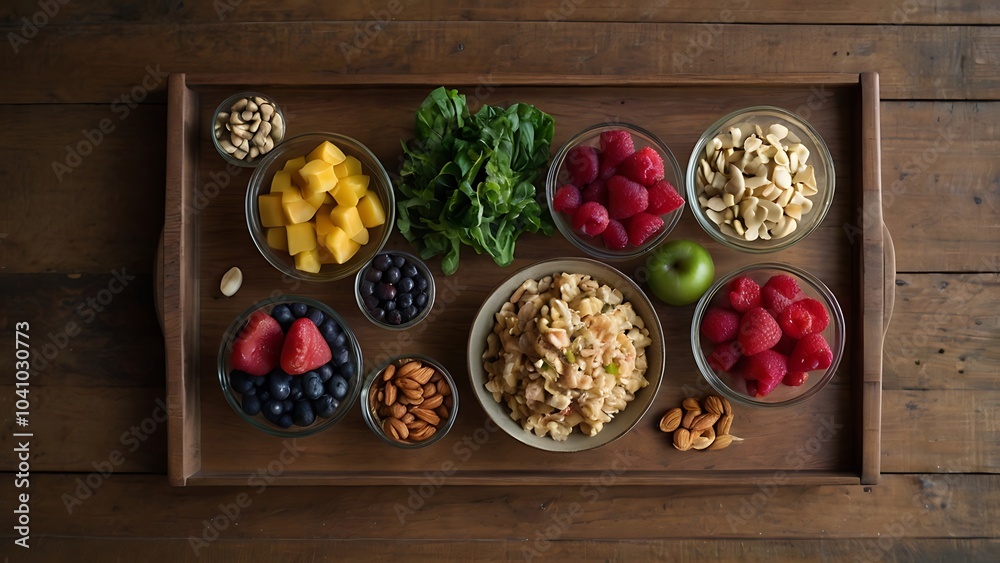 Balanced and Nutritious Brain Food Layout A well curated display of brain boosting foods featuring fish nuts greens and berries artfully arranged on a wooden surface. Balanced and Nutritious Brain Food Layout A well curated display of brain boosting foods featuring fish nuts greens and berries artfully arranged on a wooden surface.