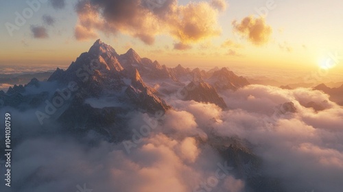 Spectacular sunrise over mangart peak with dramatic views of alpine mountains above the clouds in slovenia, capturing the majestic beauty of a rugged mountain landscape and tranquil dawn colors in a s photo