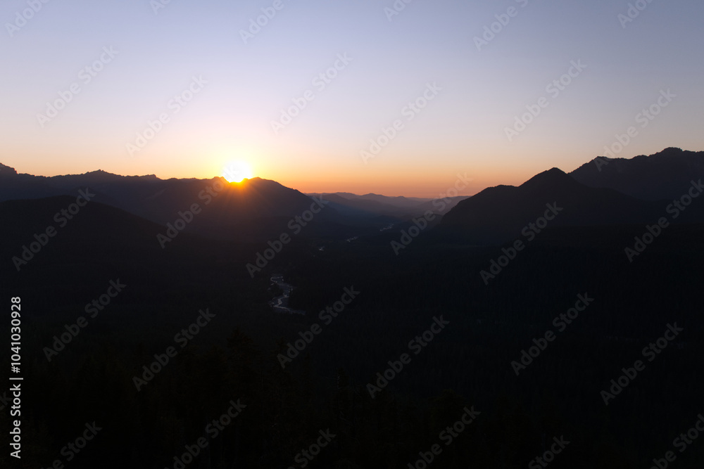 Sunset over Mountain Valley with Winding River, Washington State, USA Sunset over Mountain Valley with Winding River, Washington State, USA