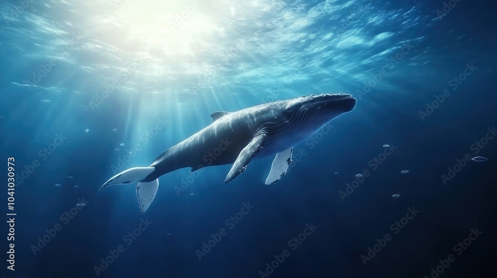A majestic whale swimming gracefully in clear blue ocean water. A majestic whale swimming gracefully in clear blue ocean water.