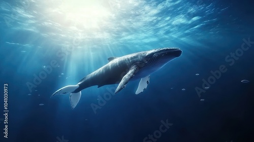 A majestic whale swimming gracefully in clear blue ocean water.
