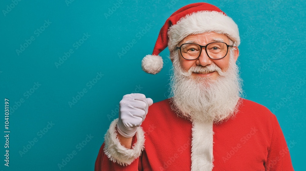 Naklejka premium Smiling Santa Claus with White Gloves on Blue Background