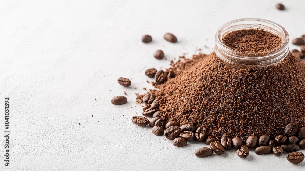 Homemade coffee scrub piled in a rustic heap, coffee beans spread around on a white background, emphasizing natural ingredients, earthy brown hues