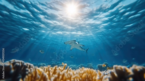 A serene underwater scene with fish swimming above vibrant coral structures. photo