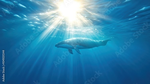 A serene whale swimming gracefully under sunlit water. photo