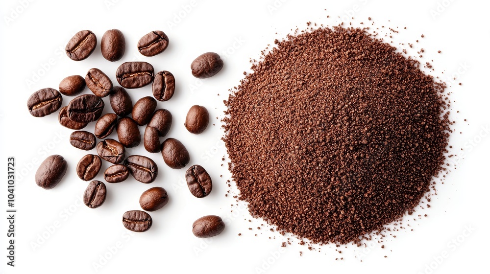 Homemade coffee scrub with ground texture, coffee beans scattered artistically, isolated on white, a natural skincare aesthetic with rich brown tones
