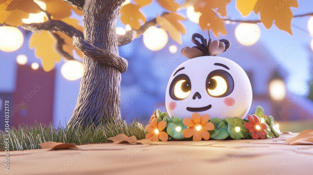 Fototapeta premium Cute Cartoon Pumpkin Character with Autumn Leaves and Tree