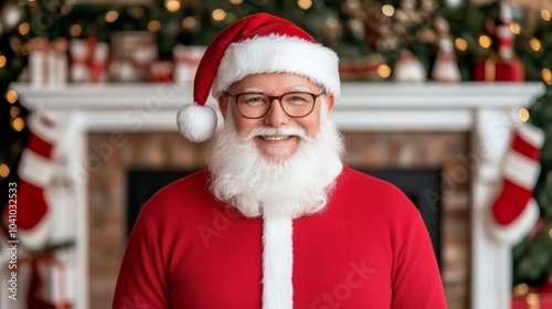 Happy Santa Claus in Red Suit with White Beard and Hat