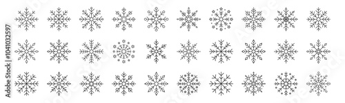 Snowflake line icon set. Vector pictograms of intricate patterns, mandala-inspired designs, teardrop motifs, diamond-shaped elements, thin linear illustration for Christmas and New Year.