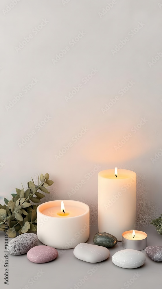 Natural healing altar with candles, sage, and energy stones, 3D illustration