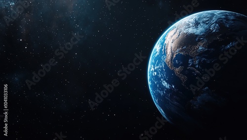 A close-up of the Earth in space, dark background