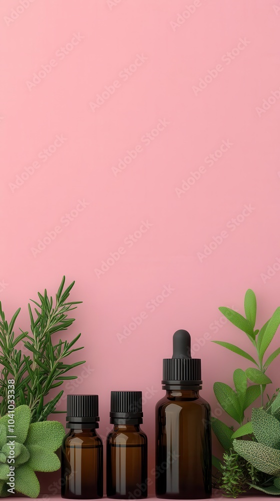 Natural healing space with essential oils and herbs arranged neatly, 3D illustration Natural healing space with essential oils and herbs arranged neatly, 3D illustration