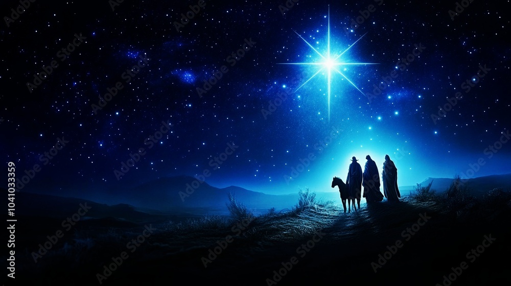 Three Wise Men Guided by the Star: A majestic night sky, filled with twinkling stars, illuminates the silhouettes of the Three Wise Men as they follow the bright star of Bethlehem. Three Wise Men Guided by the Star: A majestic night sky, filled with twinkling stars, illuminates the silhouettes of the Three Wise Men as they follow the bright star of Bethlehem.