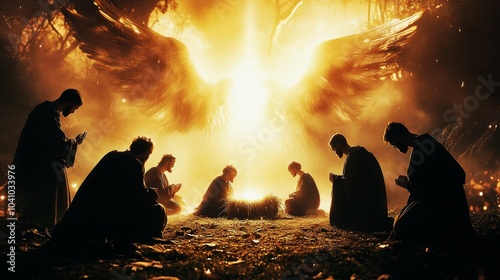 Divine Revelation: Silhouetted figures kneel in prayer before a radiant, celestial presence, evoking a sense of awe and spiritual devotion.