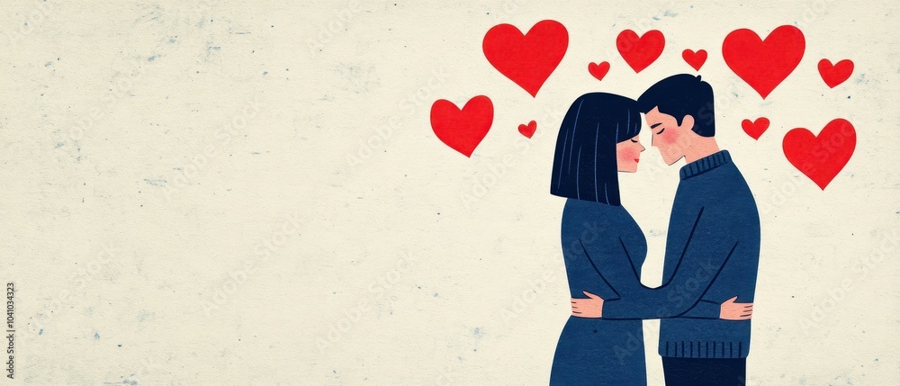 Romantic Couple Embracing with Hearts Surrounding Them, Illustrating Love and Togetherness Romantic Couple Embracing with Hearts Surrounding Them, Illustrating Love and Togetherness