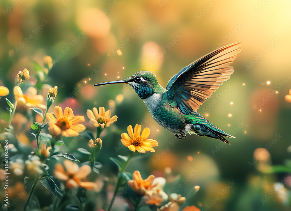 Fototapeta premium green hummingbird with colorful feathers hovers near flowers in the air