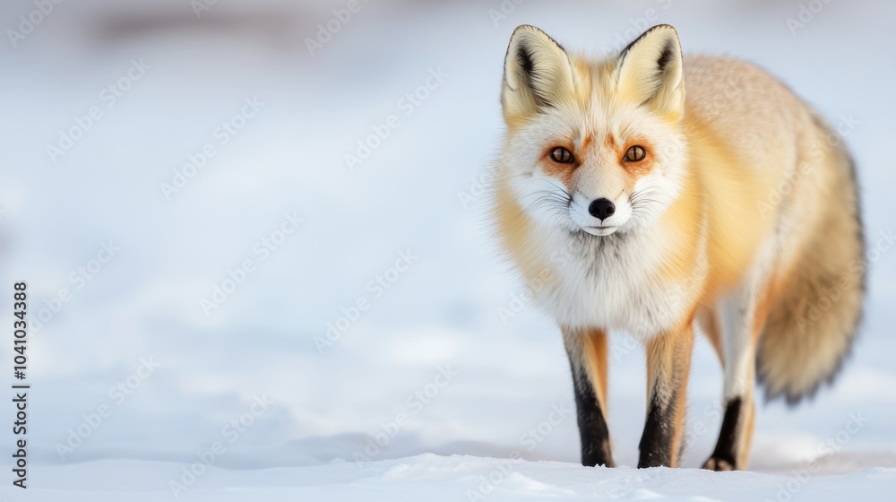 Obraz premium A red fox stands on snow, showcasing its vibrant fur and keen expression in a winter landscape.