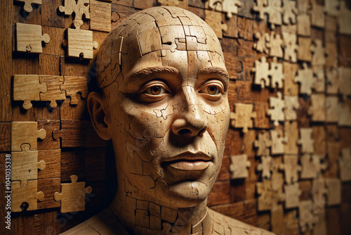 Face imagined as puzzle pieces.Mental helth development.