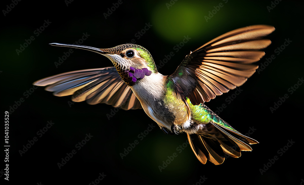 Fototapeta premium beautiful hummingbird in flight, macro photograph, purple and green feathers