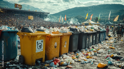 Overflowing trash bins during festival event create chaotic scene, highlighting impact of large gatherings on environment. vibrant atmosphere contrasts with littered ground photo