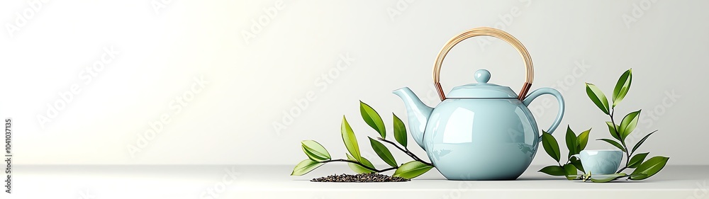 Elegant ceramic teapot with fresh green tea leaves, minimalist style, ideal for tea ceremony, on clean, white background Elegant ceramic teapot with fresh green tea leaves, minimalist style, ideal for tea ceremony, on clean, white background