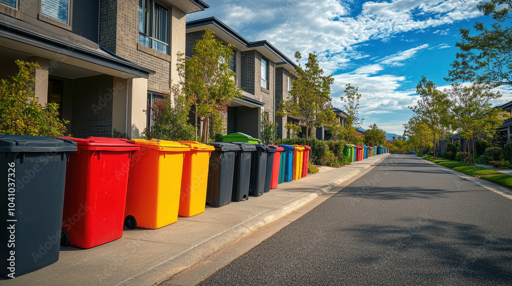 Lined up trash bins in vibrant colors create striking contrast against suburban houses, showcasing tidy neighborhood. clear blue sky adds to serene atmosphere Lined up trash bins in vibrant colors create striking contrast against suburban houses, showcasing tidy neighborhood. clear blue sky adds to serene atmosphere