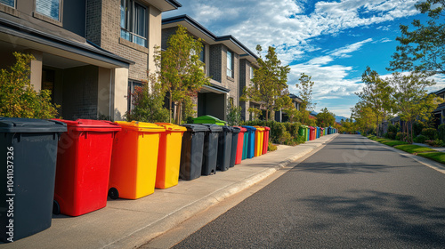 Lined up trash bins in vibrant colors create striking contrast against suburban houses, showcasing tidy neighborhood. clear blue sky adds to serene atmosphere