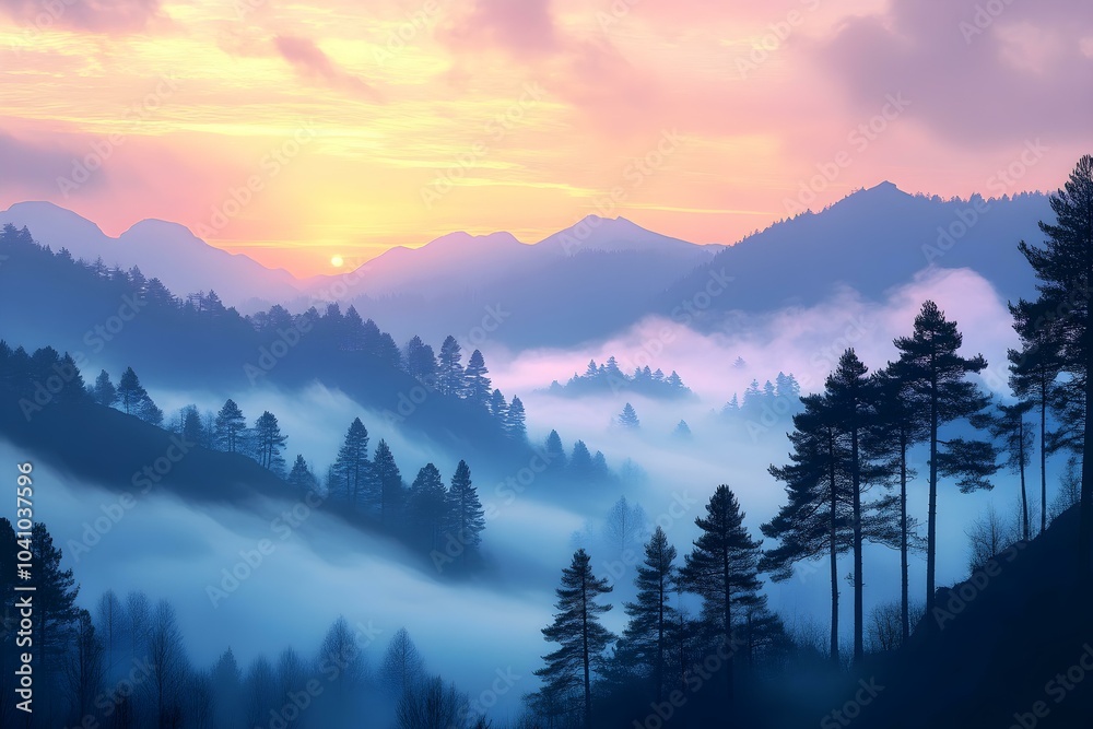 Serene Mountain Landscape at Dawn with Mist and Pink Sky Serene Mountain Landscape at Dawn with Mist and Pink Sky