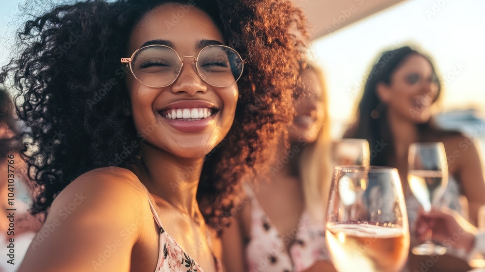 Joyful and varied group of friends relishing wine at an outdoor boat celebration, with a focused view on the face of the girl of African descent. Joyful and varied group of friends relishing wine at an outdoor boat celebration, with a focused view on the face of the girl of African descent.