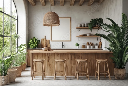 Mock up poster frame in kitchen interior background, Scandinavian style, 3d render, Generative AI