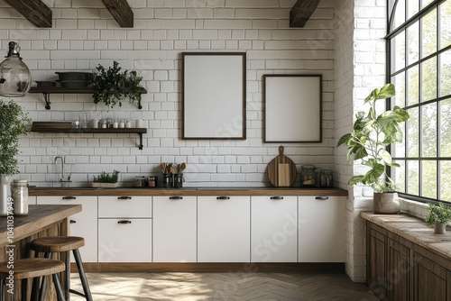 Mock up poster frame in kitchen interior background, Scandinavian style, 3d render, Generative AI