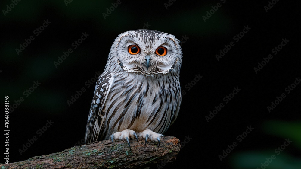 Fototapeta premium Majestic Owl with Bright Orange Eyes Perched on Tree Branch
