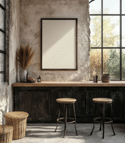 Mock up poster frame in kitchen interior background, Scandinavian style, 3d render, Generative AI